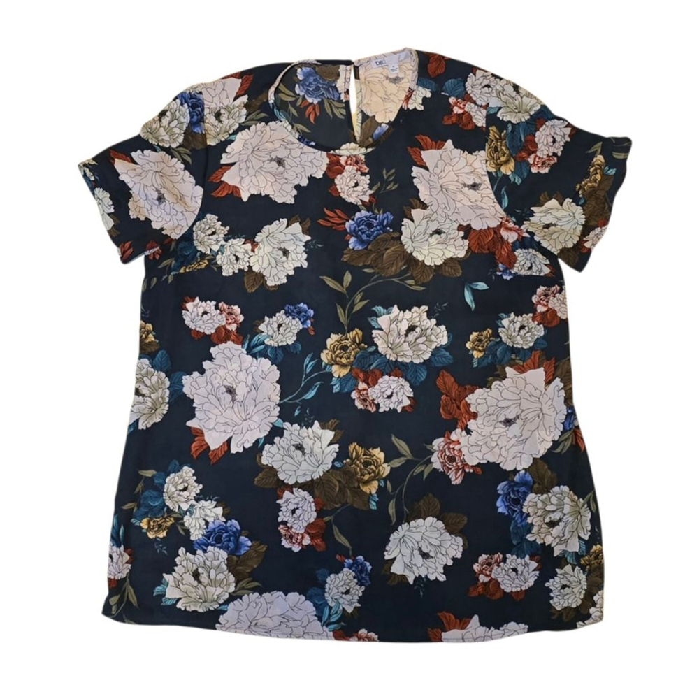 DR2 Blouse L Black Floral Short Sleeve Boho Dressy Casualโ Vacation Resort